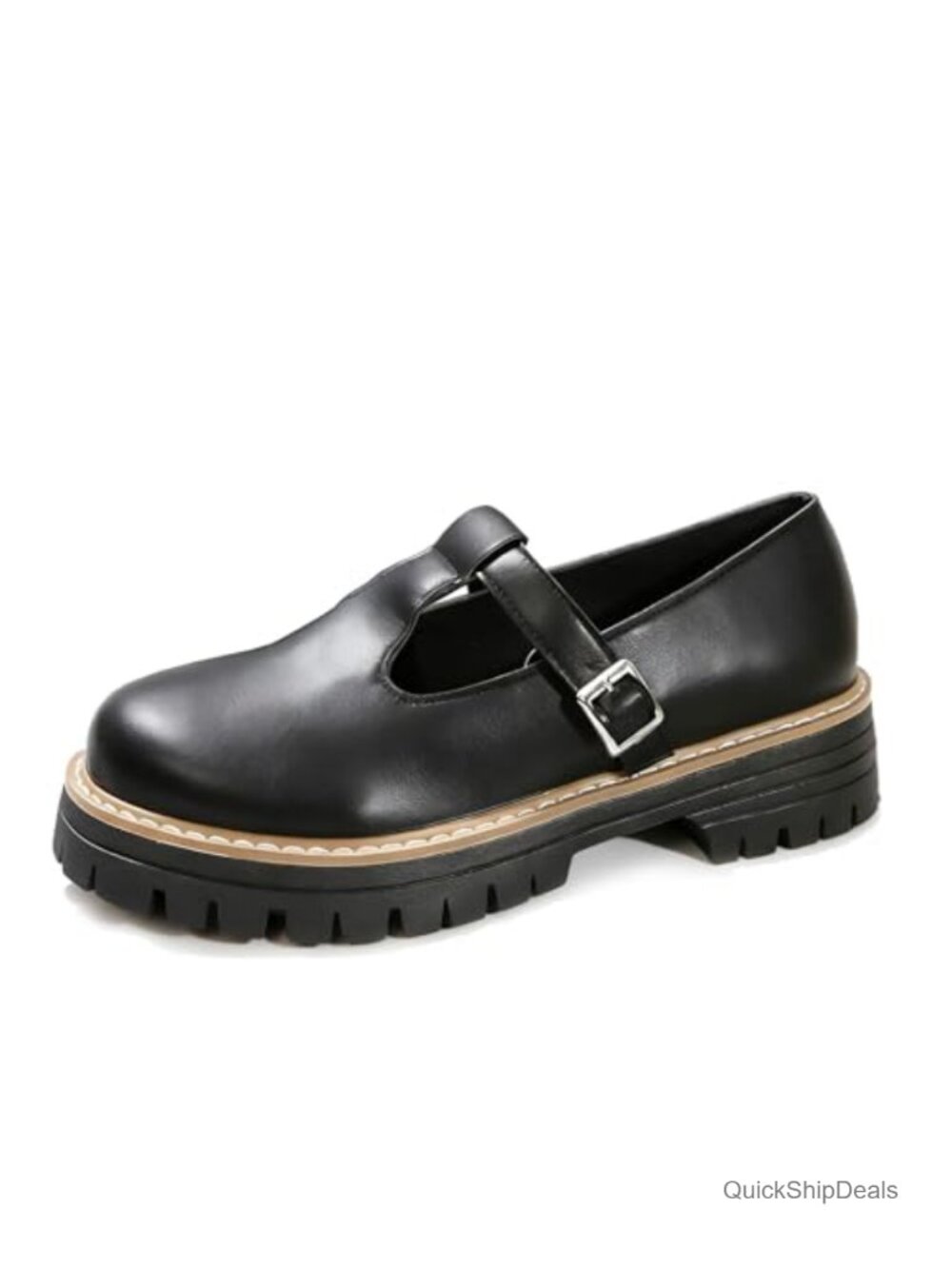 Lug Sole T-Strap Mary Jane Shoes Retro Leather Round Toe Platform Block Heel